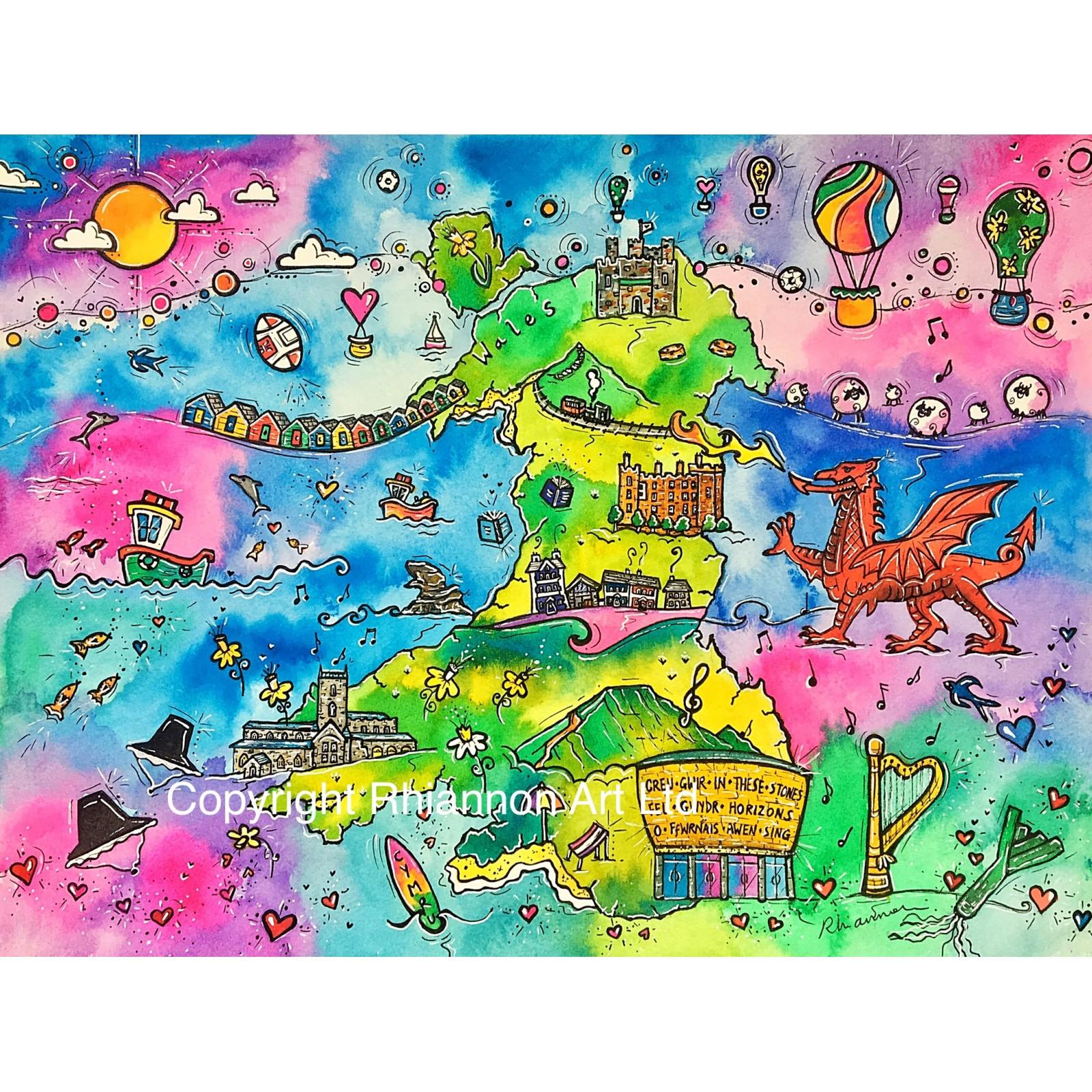 Draw and colour a map of wales in the style of the artist